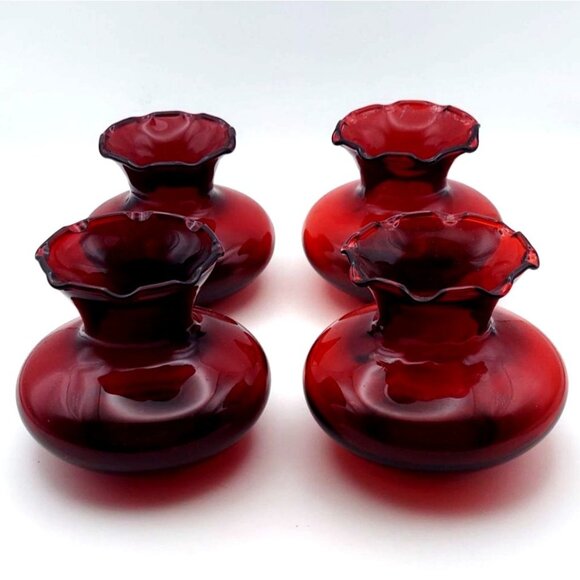 Vintage Anchor Hocking Royal Ruby Red Glass Bud Vases Ruffled Top Set Of 4 - Picture 1 of 5